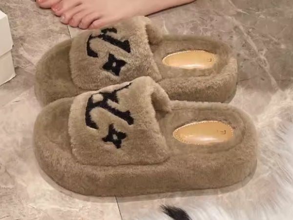Monogram Fluffy Slides