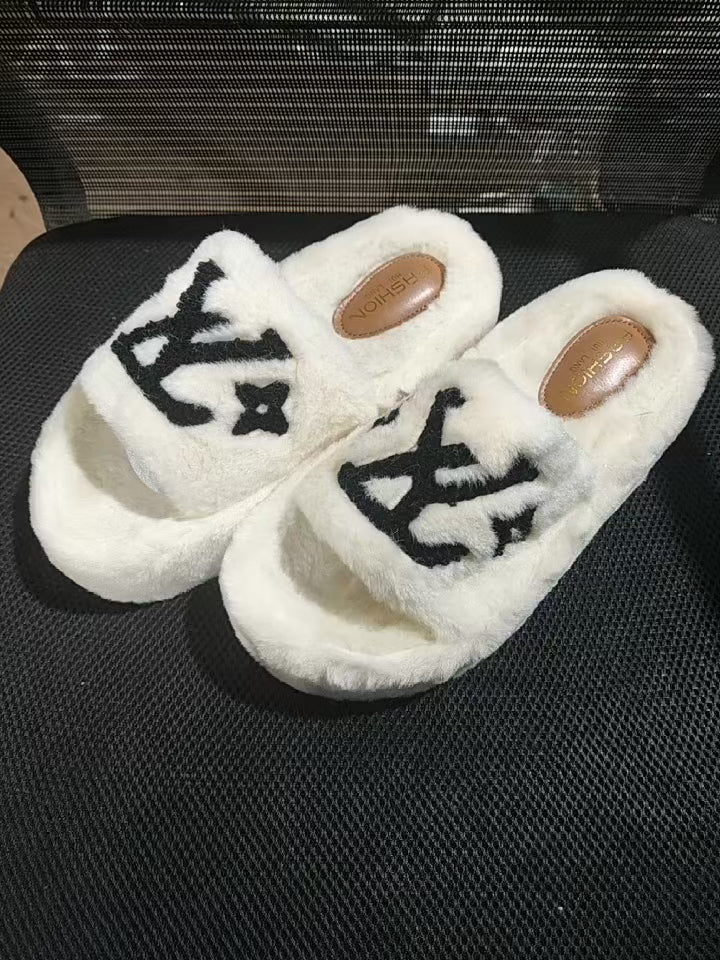 Monogram Fluffy Slides